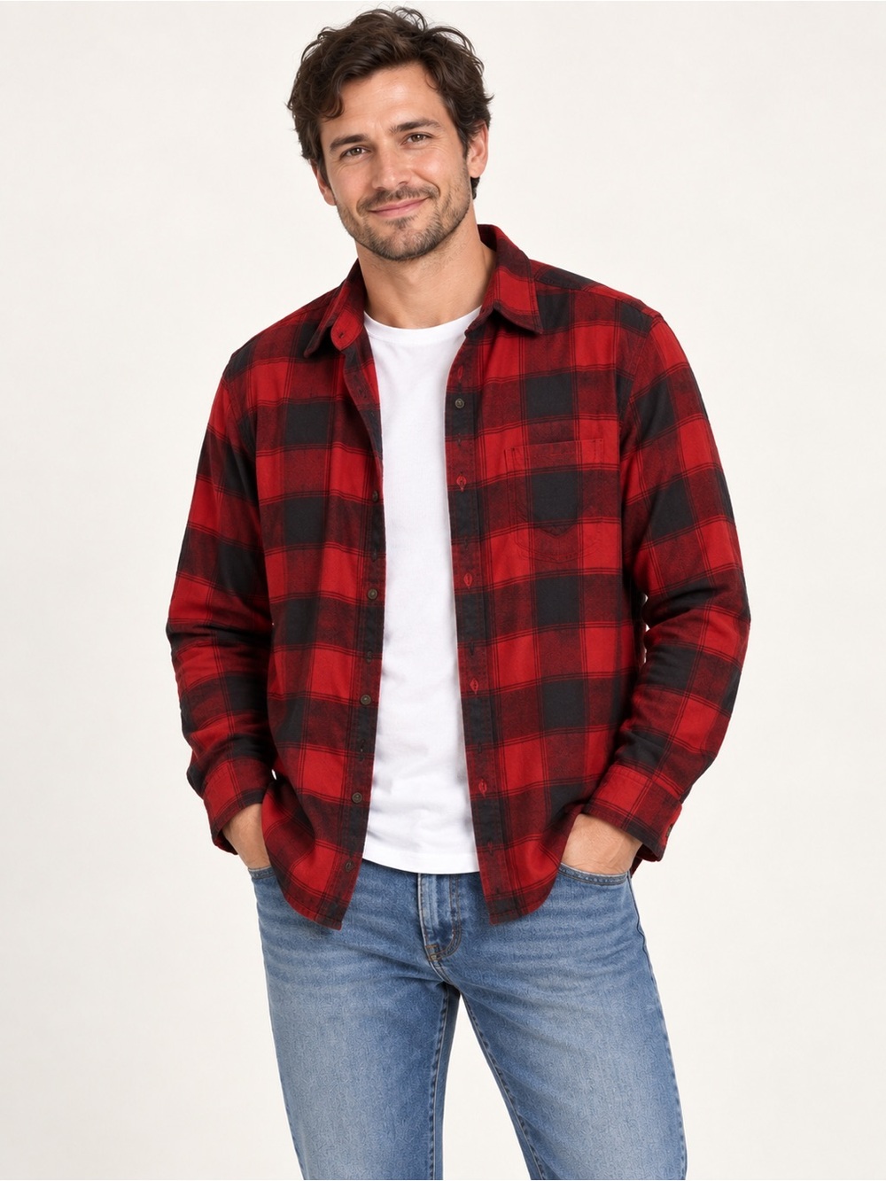 American Eagle Men’s Small Red Black Plaid Flannel Button-Down Shirt
